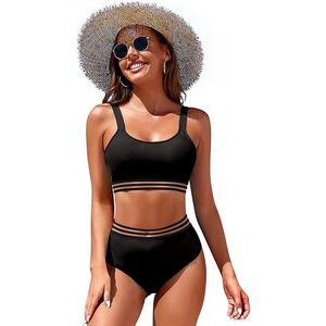 Adisputent Black High‎ Waist Bikini XL Two Piece Swimsuit with Mesh Detail